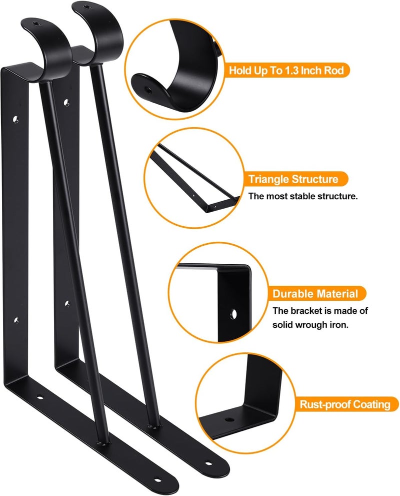 Supforce 6 Pack Closet Rod Bracket Heavy Duty, Wall Mounted Closet Shelf Brackets, Metal Closet Shelf Brackets with Rod Support, Black - Image 4